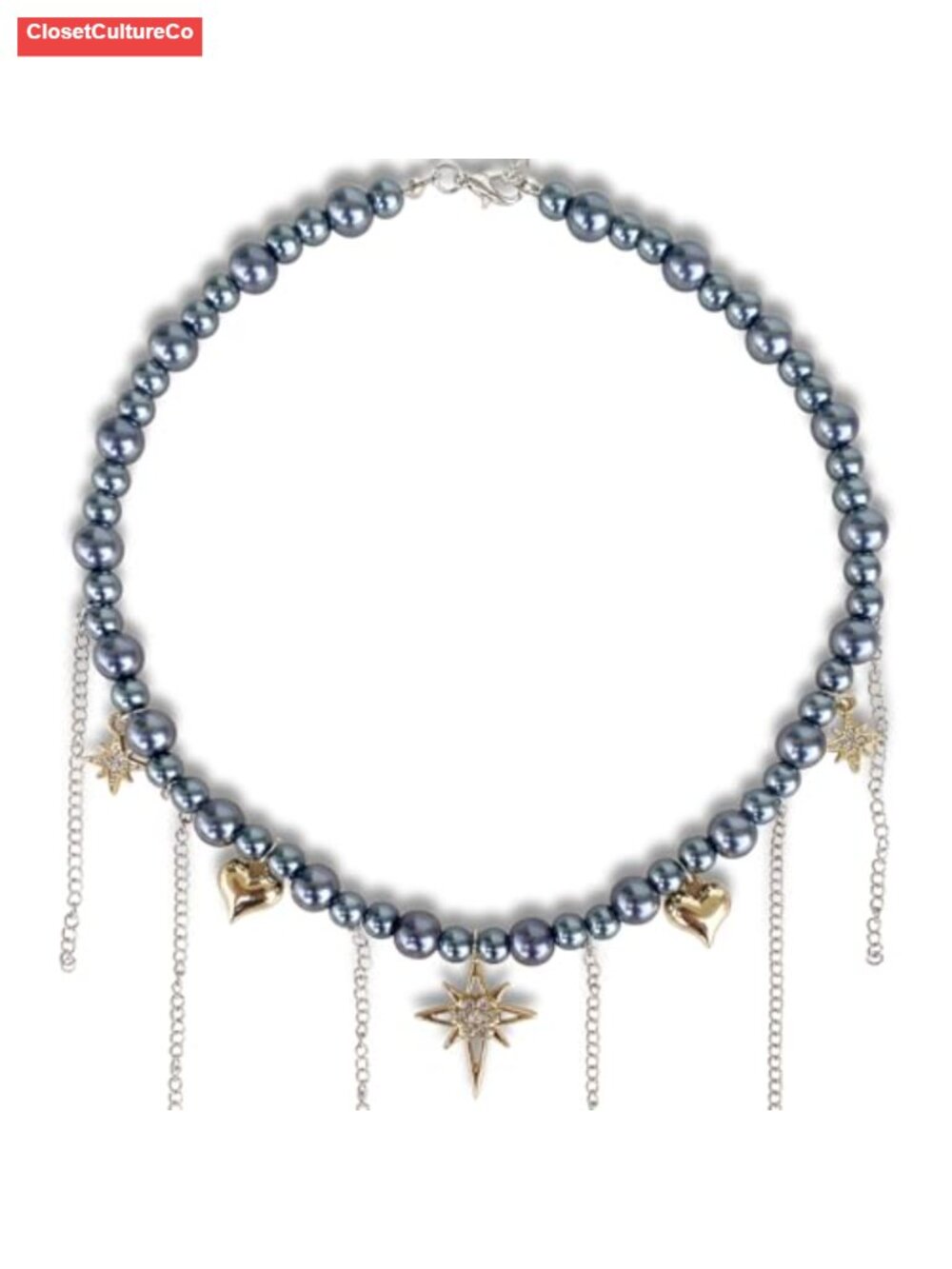 Mixed Metal North Star Heart Charm Necklace Beaded Choker Two Tone